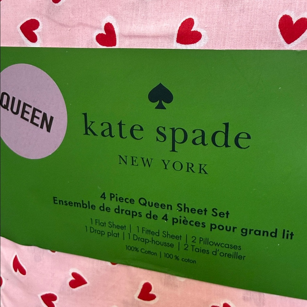 Kate Spade Pink and Red Heart Queen Sheet Set. Pink background. 100% cotton. - Picture 4 of 9